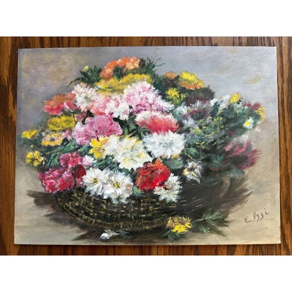 SIGNED Flowers In A Basket‎ Painting On Canvas By ETTA IZZI - Picture 1 of 2
